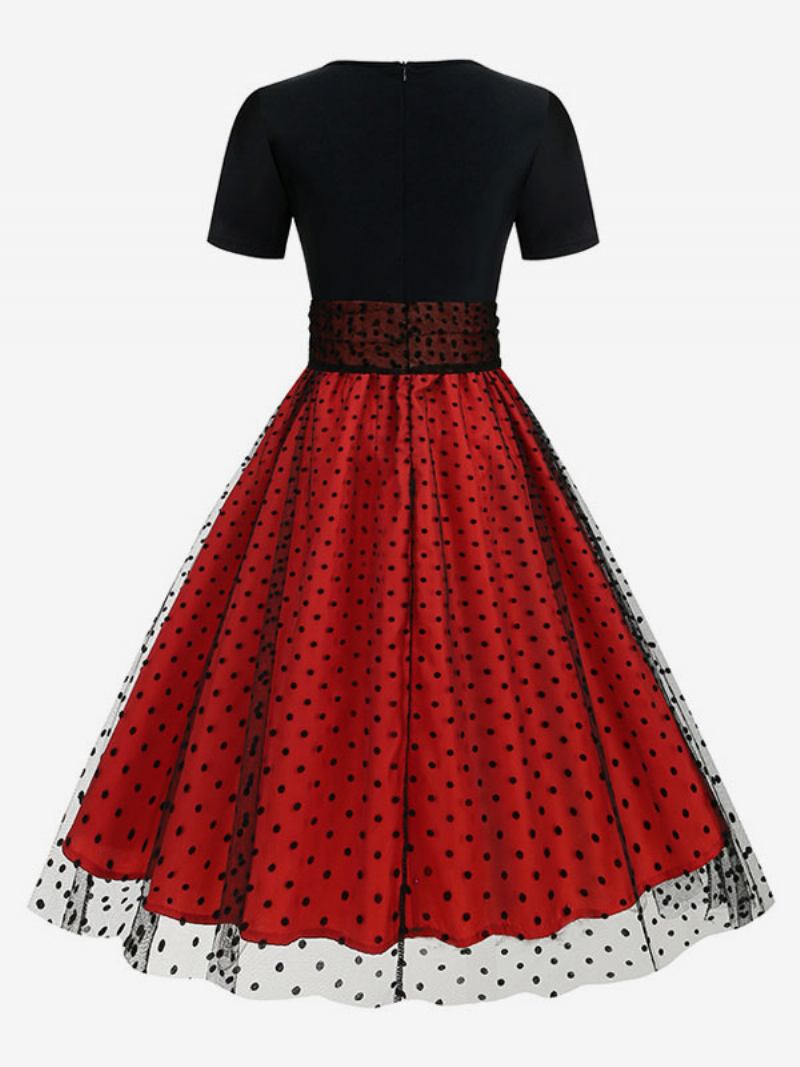 Vestido Retrô Feminino Dos Anos 1950. Estilo Audrey Hepburn Gola Joia Mangas Curtas Em Camadas Rockabilly Bolinhas Médias - Vermelho