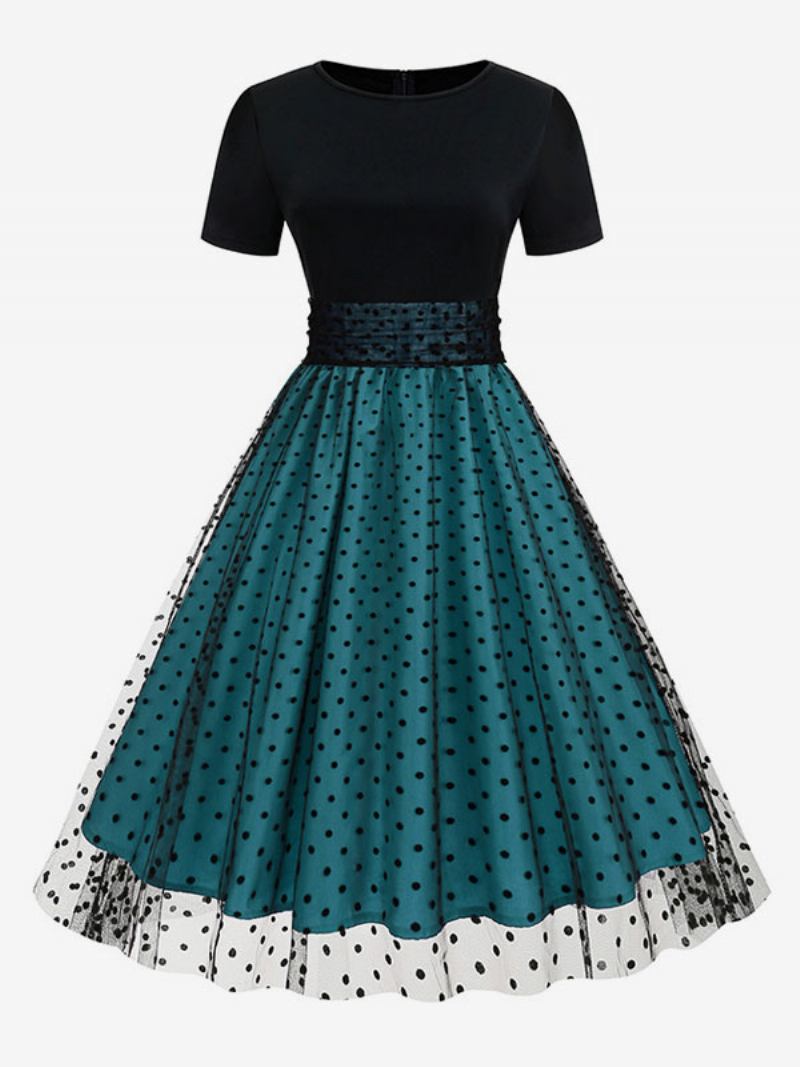 Vestido Retrô Feminino Dos Anos 1950. Estilo Audrey Hepburn Gola Joia Mangas Curtas Em Camadas Rockabilly Bolinhas Médias - Azul