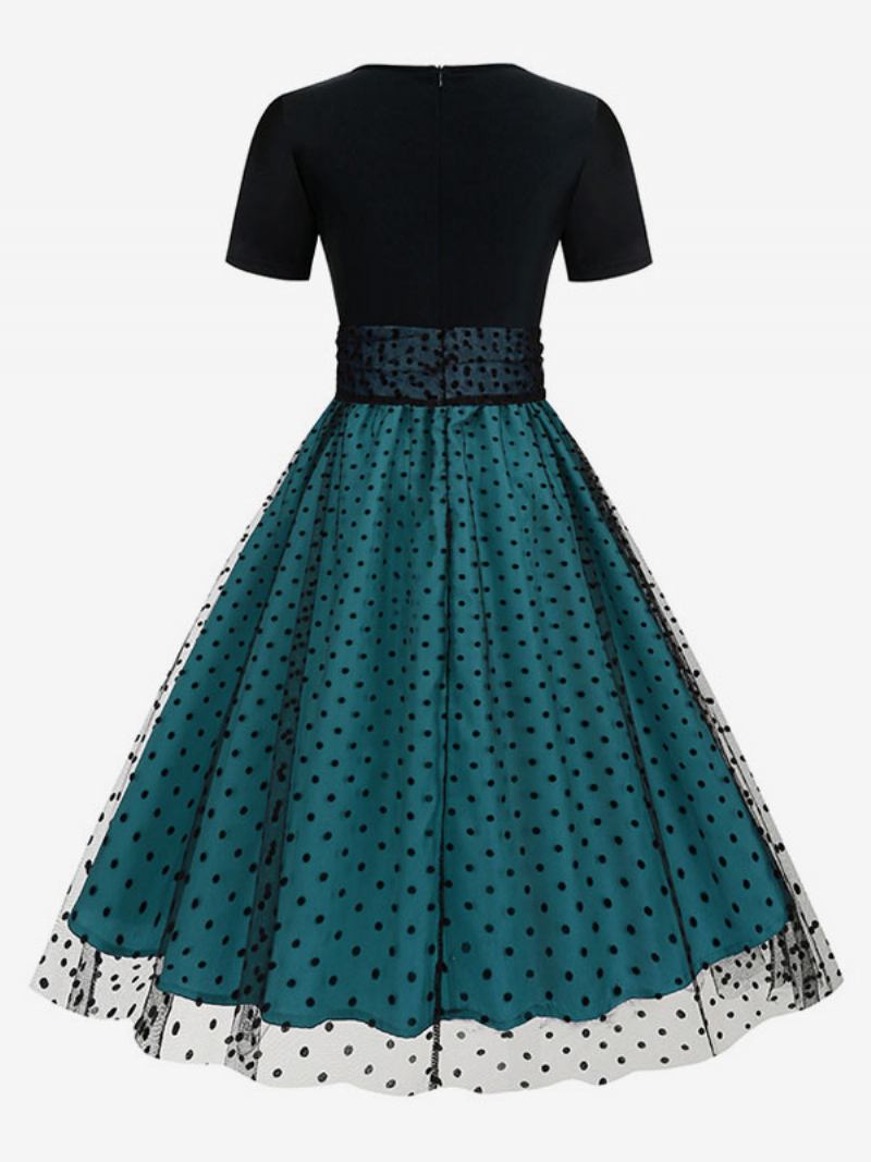 Vestido Retrô Feminino Dos Anos 1950. Estilo Audrey Hepburn Gola Joia Mangas Curtas Em Camadas Rockabilly Bolinhas Médias - Azul