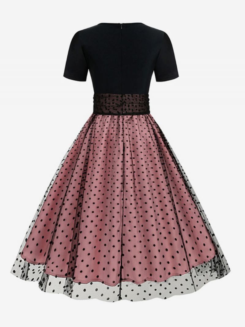 Vestido Retrô Feminino Dos Anos 1950. Estilo Audrey Hepburn Gola Joia Mangas Curtas Em Camadas Rockabilly Bolinhas Médias - Rosa