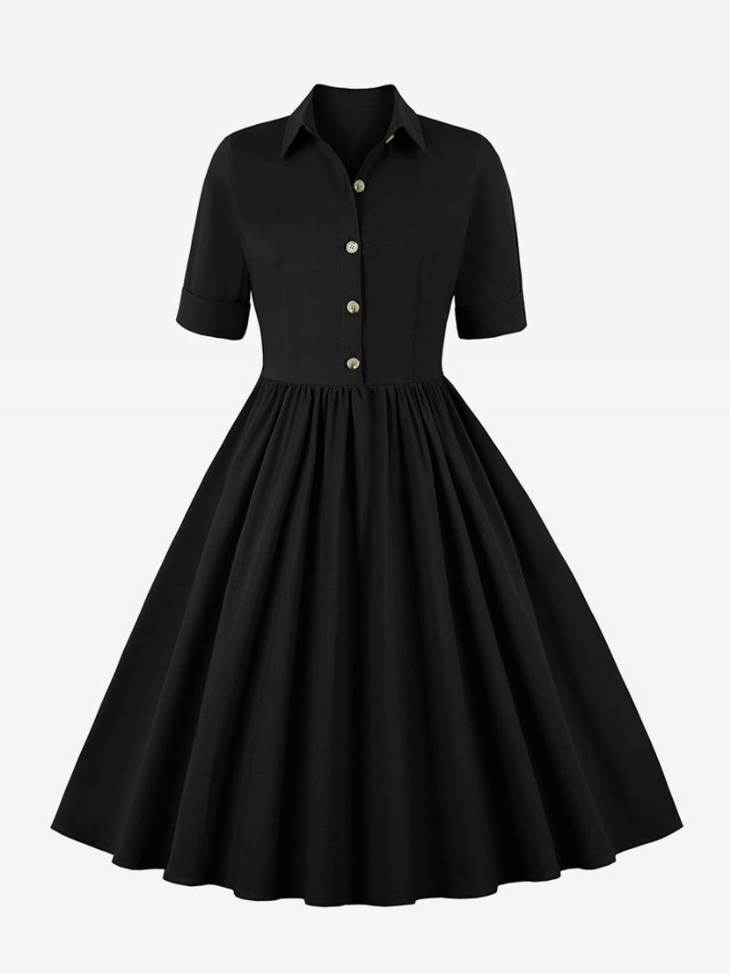 Vestido Retrô Feminino Dos Anos 1950. Estilo Audrey Hepburn Preto Mangas Curtas Gola Aberta Swing - Preto