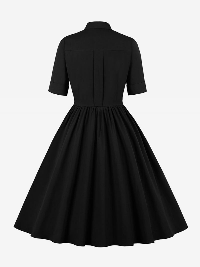 Vestido Retrô Feminino Dos Anos 1950. Estilo Audrey Hepburn Preto Mangas Curtas Gola Aberta Swing - Preto