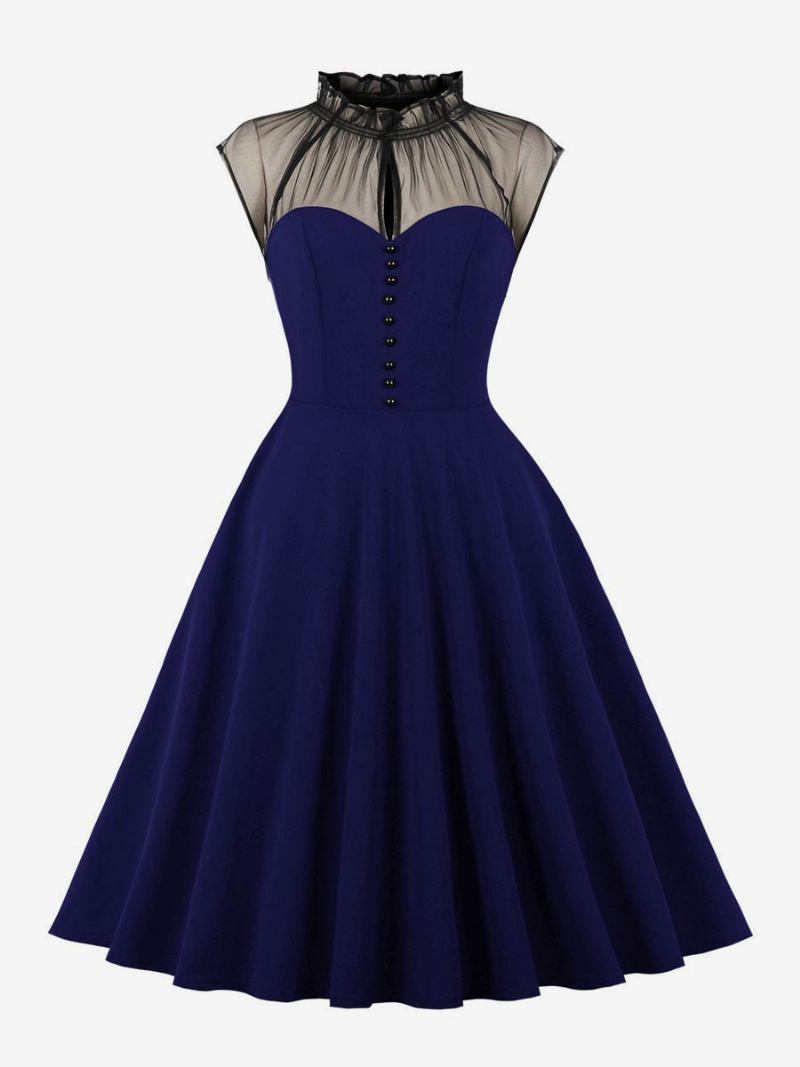 Vestido Retrô Feminino Dos Anos 1950 Estilo Audrey Hepburn Sem Mangas Na Altura Do Joelho Rockabilly - Azul Profundo