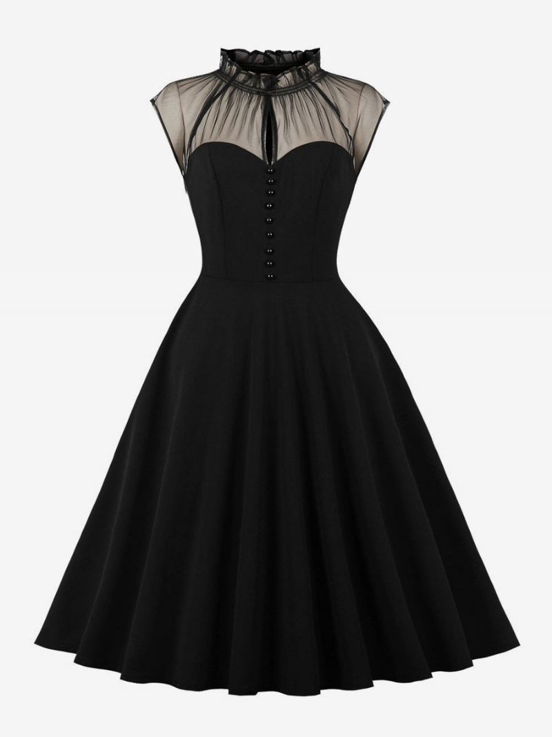 Vestido Retrô Feminino Dos Anos 1950 Estilo Audrey Hepburn Sem Mangas Na Altura Do Joelho Rockabilly - Preto