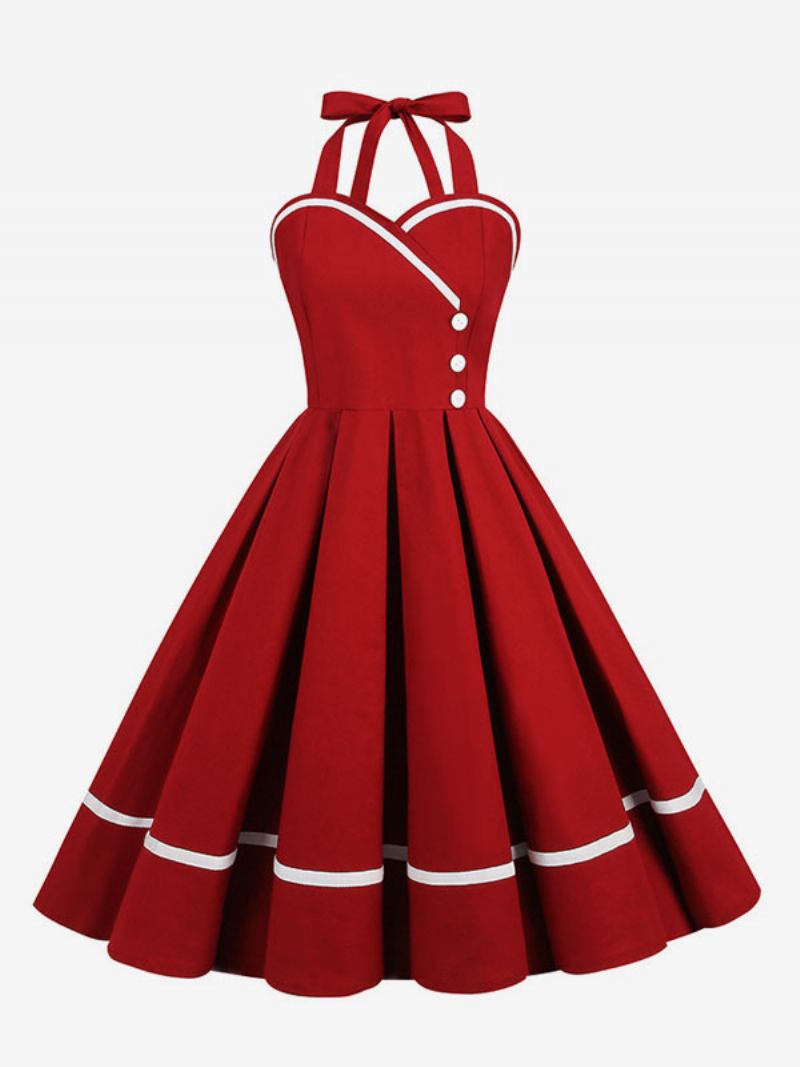 Vestido Retrô Feminino Dos Anos 50 Audrey Hepburn Estilo Borgonha Em Camadas Botões Sem Mangas Balanço Com Decote Coração