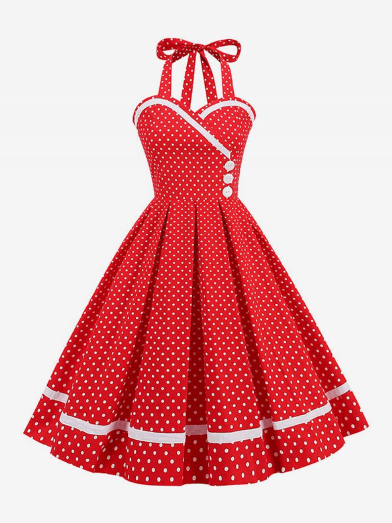 Vestido Retrô Feminino Dos Anos 50 Audrey Hepburn Estilo Borgonha Em Camadas Botões Sem Mangas Balanço Com Decote Coração - Vermelho