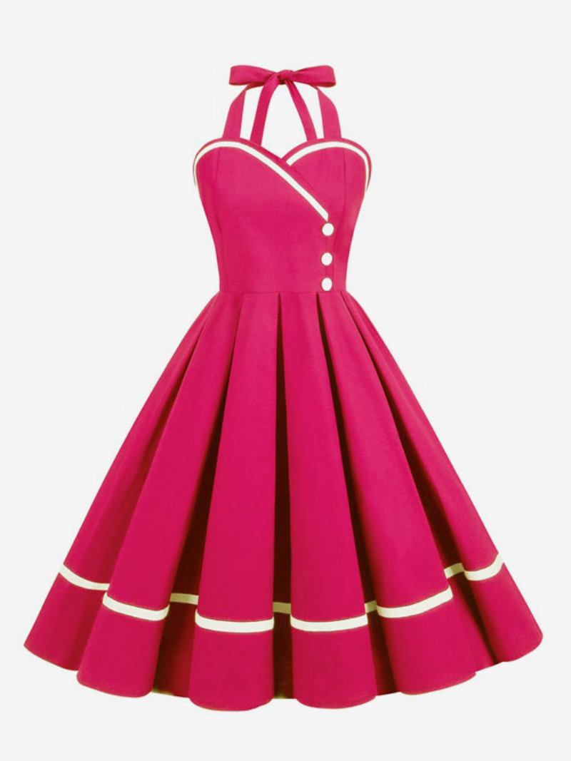 Vestido Retrô Feminino Dos Anos 50 Audrey Hepburn Estilo Borgonha Em Camadas Botões Sem Mangas Balanço Com Decote Coração - Rosa