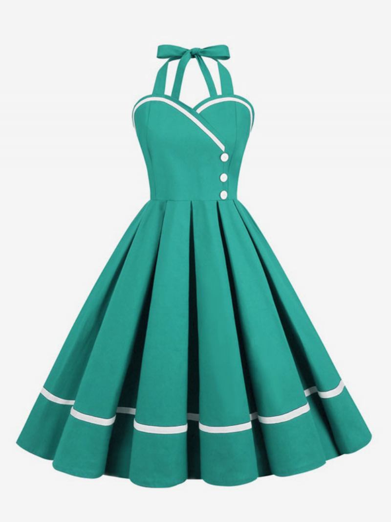 Vestido Retrô Feminino Dos Anos 50 Audrey Hepburn Estilo Borgonha Em Camadas Botões Sem Mangas Balanço Com Decote Coração - Aqua