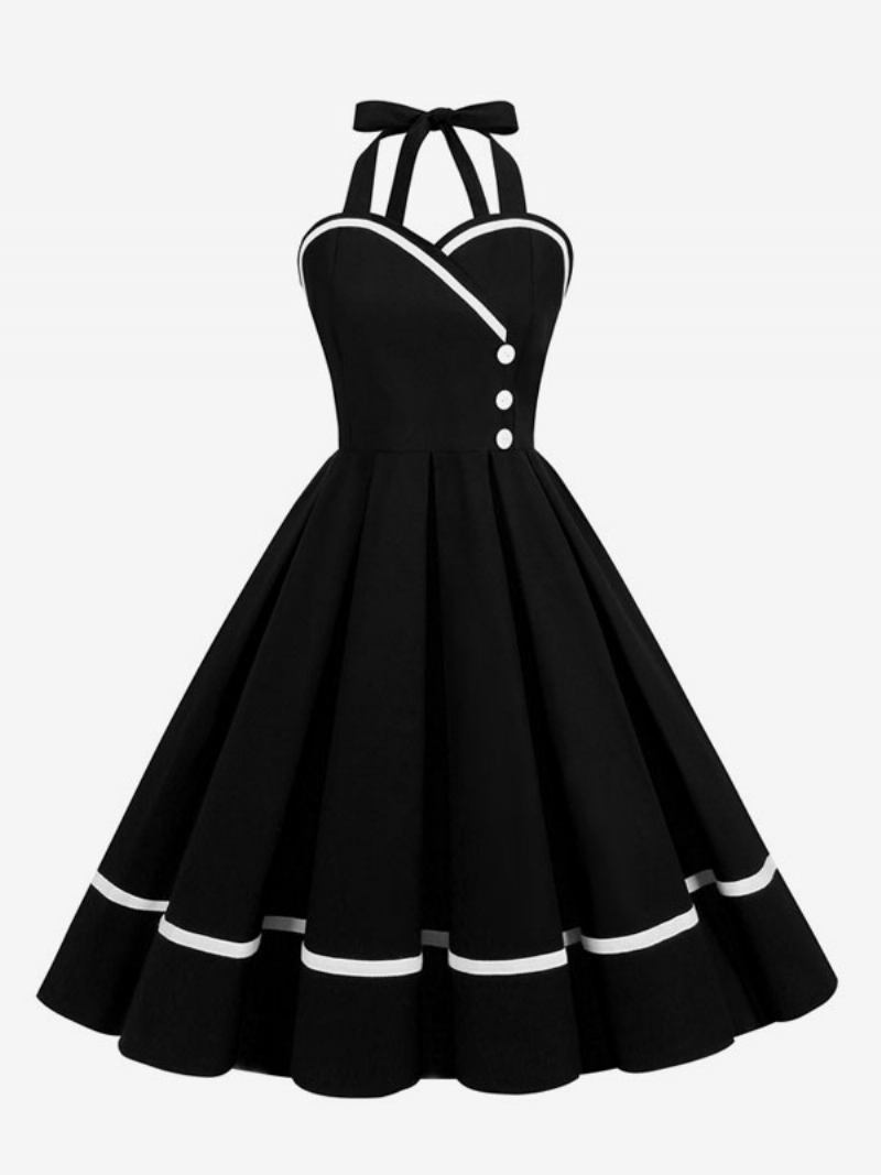 Vestido Retrô Feminino Dos Anos 50 Audrey Hepburn Estilo Borgonha Em Camadas Botões Sem Mangas Balanço Com Decote Coração - Preto