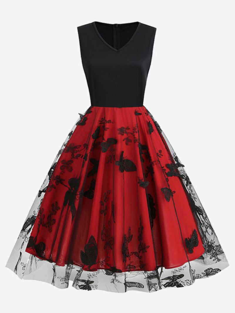 Vestido Retrô Feminino Dos Anos 50 Audrey Hepburn Estilo Preto Em Camadas Dois Tons Bordado Sem Mangas Com Decote V Rockabilly - Vermelho