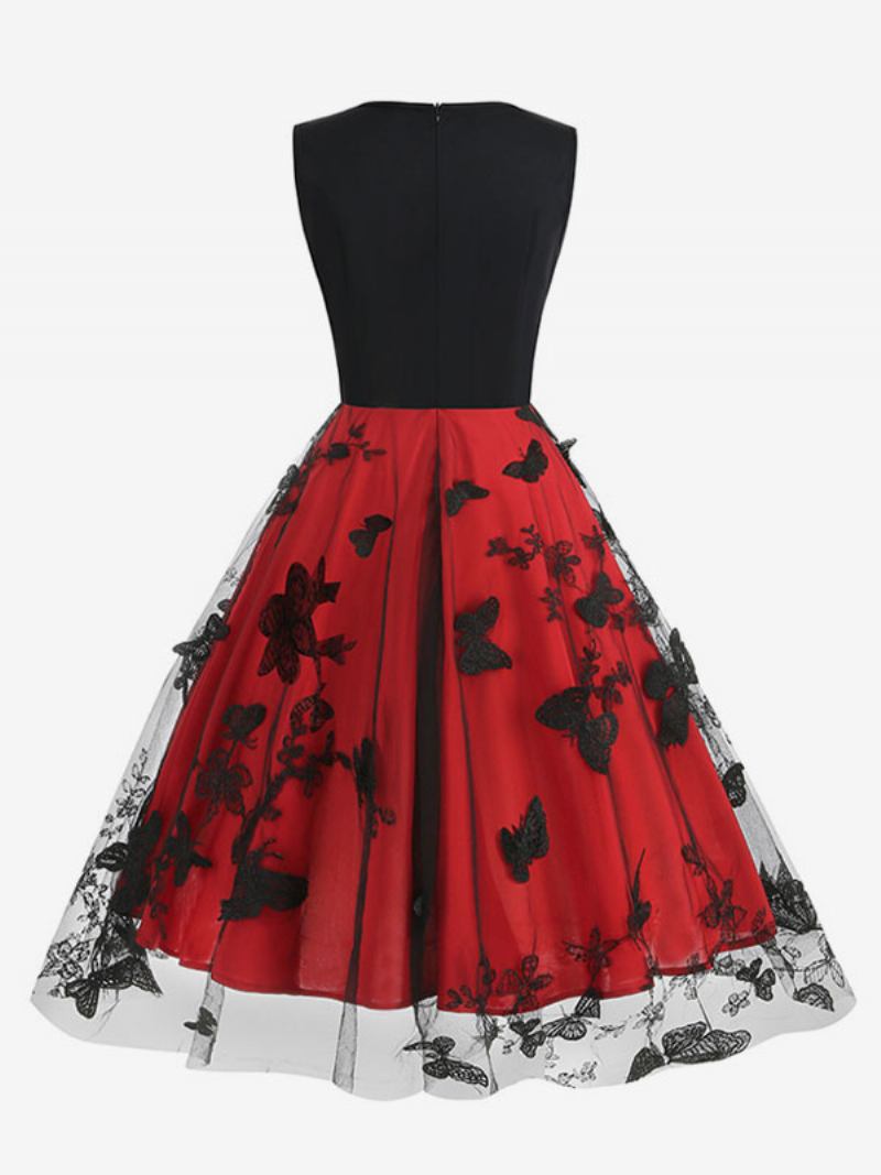 Vestido Retrô Feminino Dos Anos 50 Audrey Hepburn Estilo Preto Em Camadas Dois Tons Bordado Sem Mangas Com Decote V Rockabilly - Vermelho