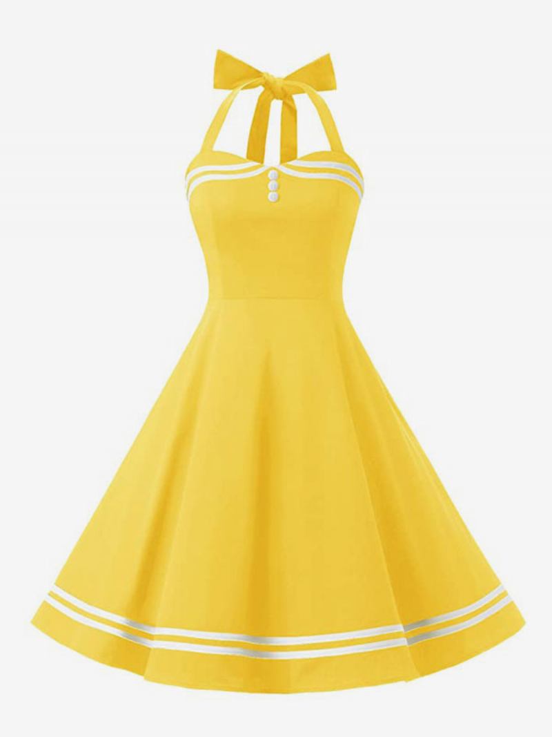 Vestido Retrô Feminino Dos Anos 50 Audrey Hepburn Estilo Xadrez Amarelo Sem Costas Botões Mangas Decote Em Coração Rockabilly Médio - Amarelo