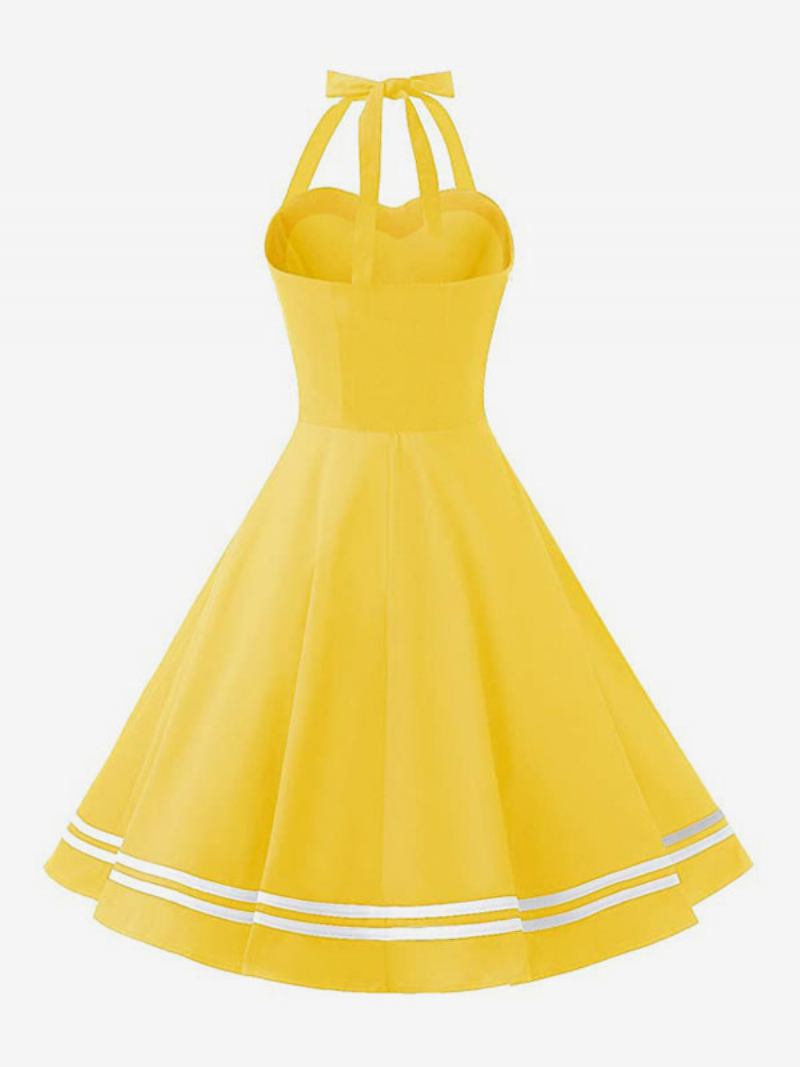 Vestido Retrô Feminino Dos Anos 50 Audrey Hepburn Estilo Xadrez Amarelo Sem Costas Botões Mangas Decote Em Coração Rockabilly Médio - Amarelo