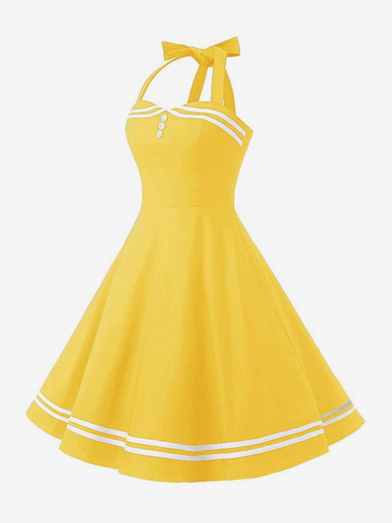 Vestido Retrô Feminino Dos Anos 50 Audrey Hepburn Estilo Xadrez Amarelo Sem Costas Botões Mangas Decote Em Coração Rockabilly Médio - Amarelo