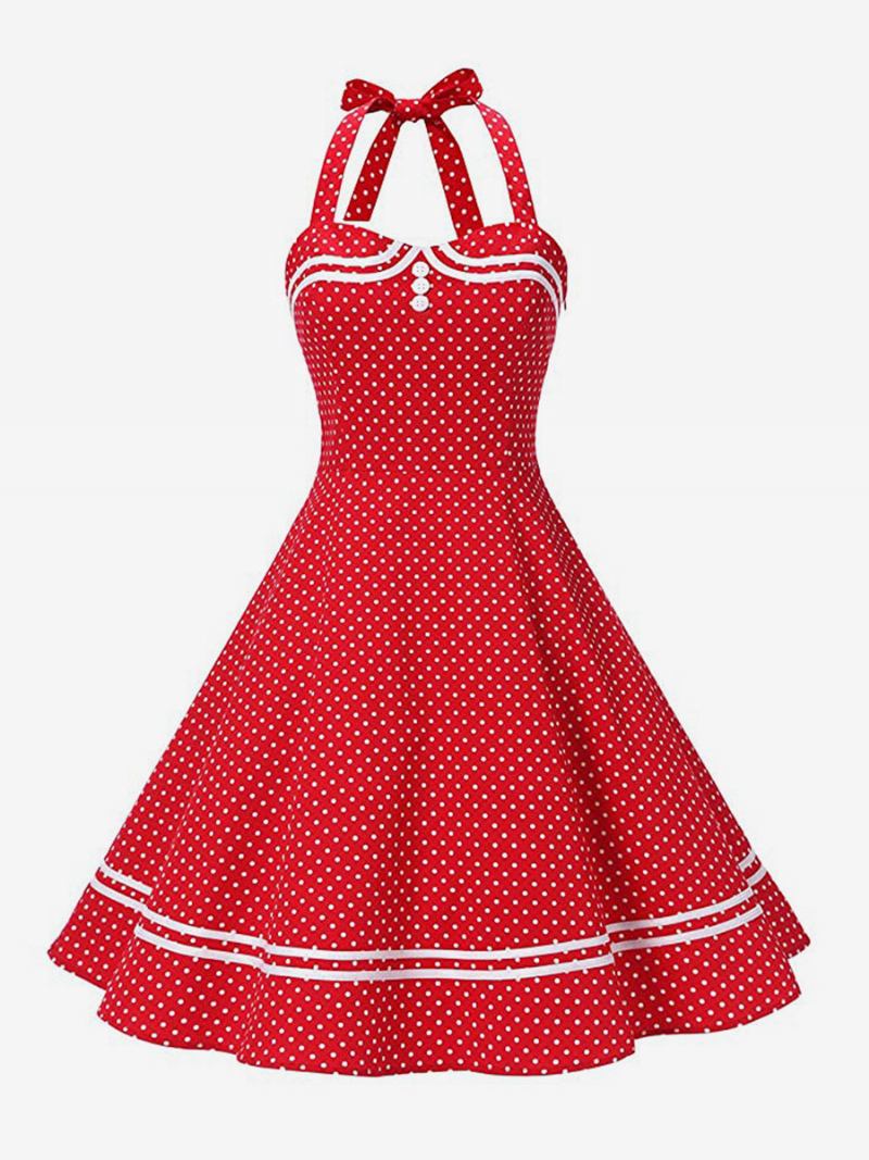 Vestido Retrô Feminino Dos Anos 50 Audrey Hepburn Estilo Xadrez Amarelo Sem Costas Botões Mangas Decote Em Coração Rockabilly Médio - Vermelho