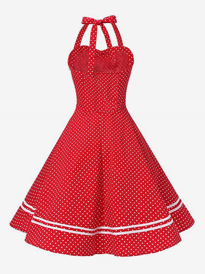 Vestido Retrô Feminino Dos Anos 50 Audrey Hepburn Estilo Xadrez Amarelo Sem Costas Botões Mangas Decote Em Coração Rockabilly Médio - Vermelho