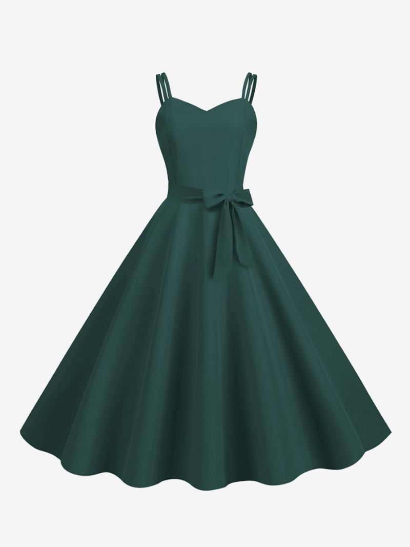 Vestido Retrô Feminino Dos Anos 50. Decote Em Coração Faixa Sem Mangas Rockabilly Médio - Verde Escuro