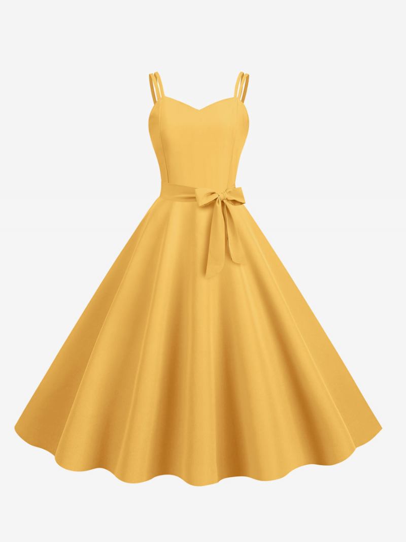 Vestido Retrô Feminino Dos Anos 50. Decote Em Coração Faixa Sem Mangas Rockabilly Médio - Amarelo