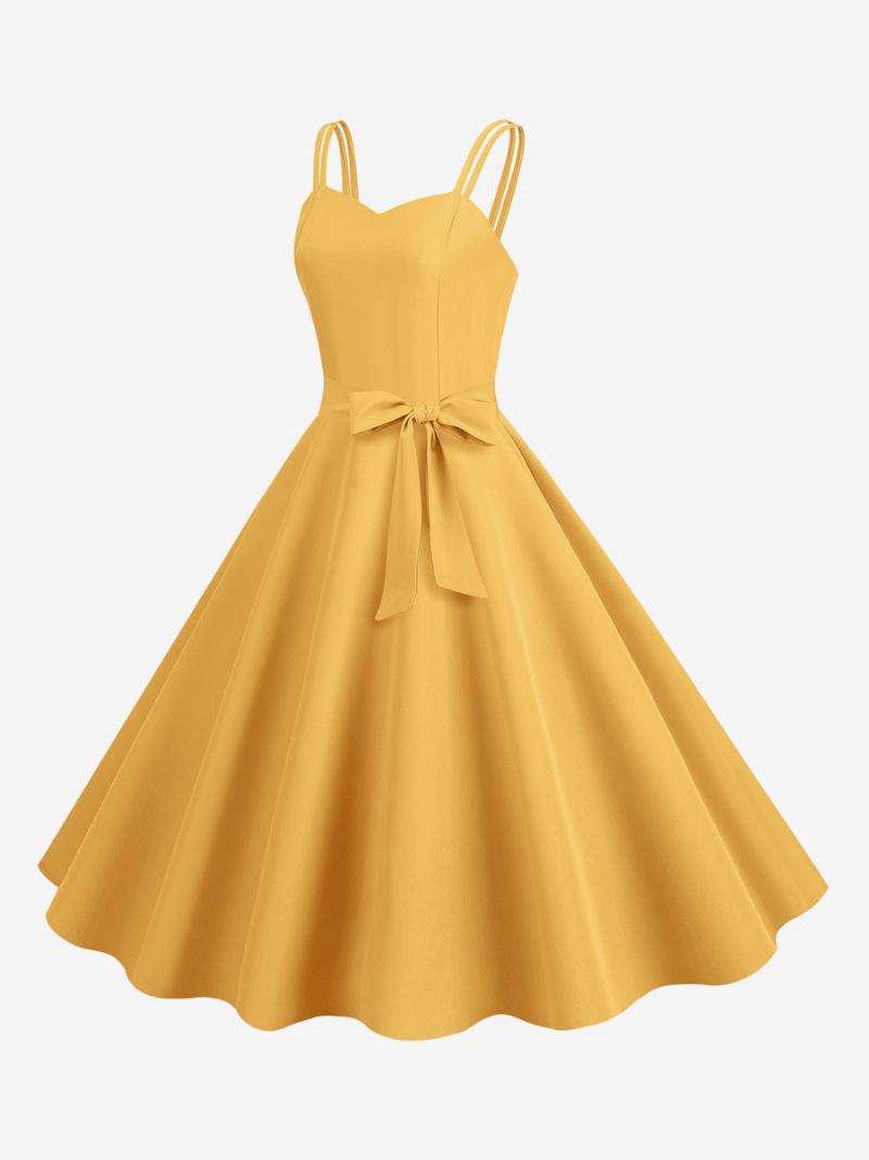 Vestido Retrô Feminino Dos Anos 50. Decote Em Coração Faixa Sem Mangas Rockabilly Médio - Amarelo