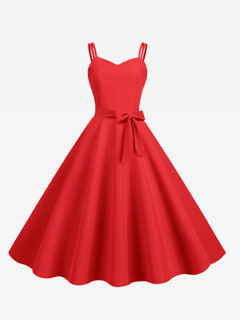 Vestido Retrô Feminino Dos Anos 50. Decote Em Coração Faixa Sem Mangas Rockabilly Médio - Vermelho