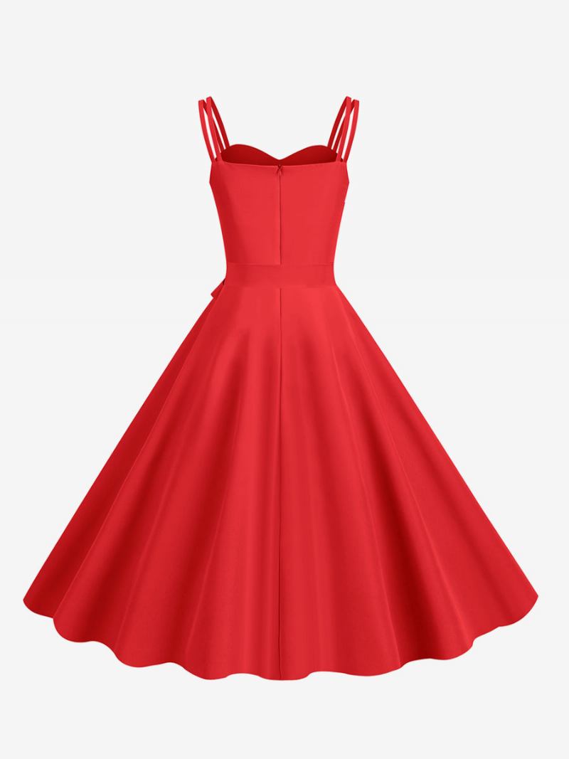 Vestido Retrô Feminino Dos Anos 50. Decote Em Coração Faixa Sem Mangas Rockabilly Médio - Vermelho