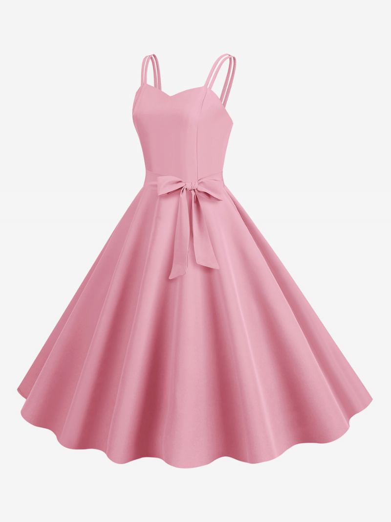 Vestido Retrô Feminino Dos Anos 50. Decote Em Coração Faixa Sem Mangas Rockabilly Médio - Rosa