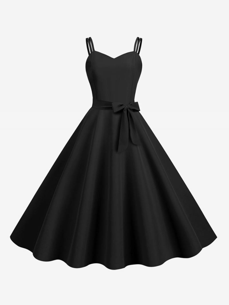 Vestido Retrô Feminino Dos Anos 50. Decote Em Coração Faixa Sem Mangas Rockabilly Médio - Preto