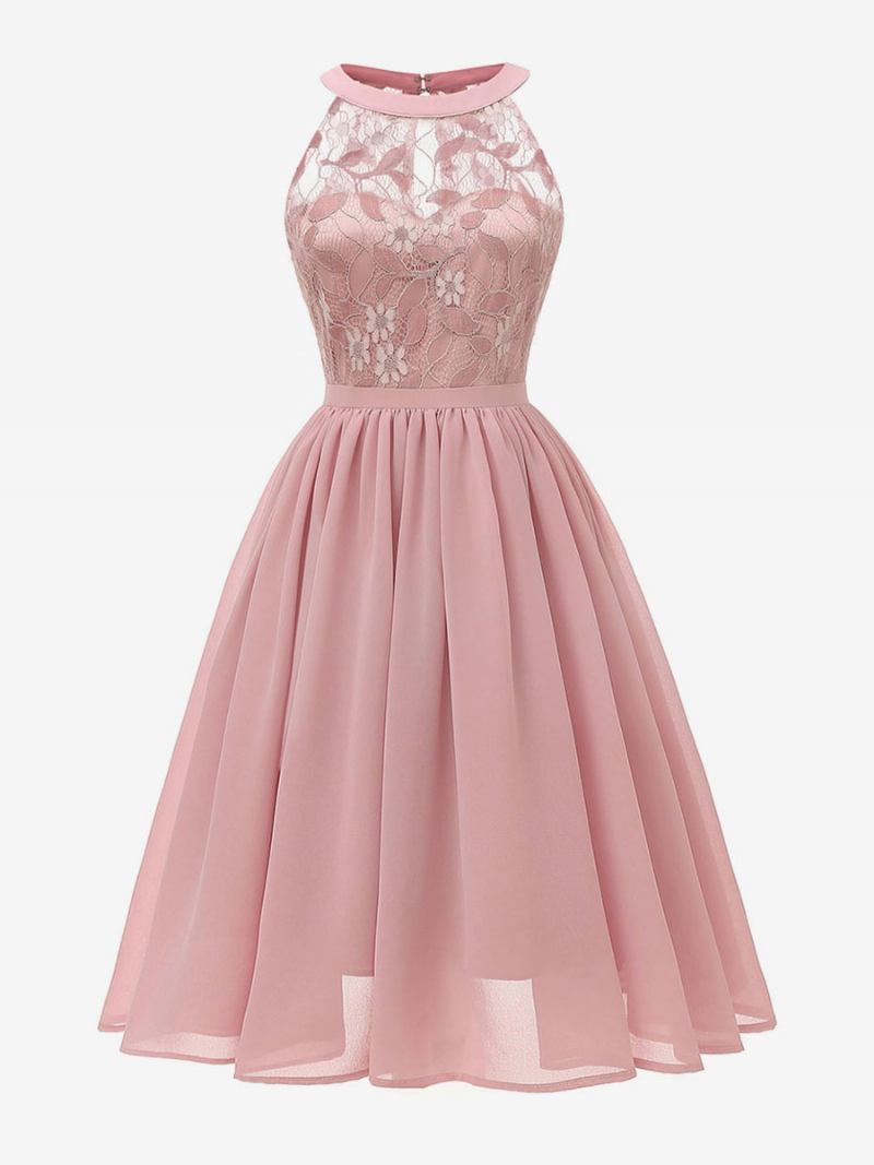 Vestido Retrô Feminino Estilo Audrey Hepburn Dos Anos 1950. Rosa Sem Mangas Gola Joia Renda Swing