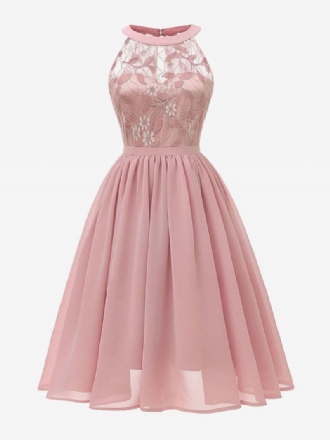 Vestido Retrô Feminino Estilo Audrey Hepburn Dos Anos 1950. Rosa Sem Mangas Gola Joia Renda Swing