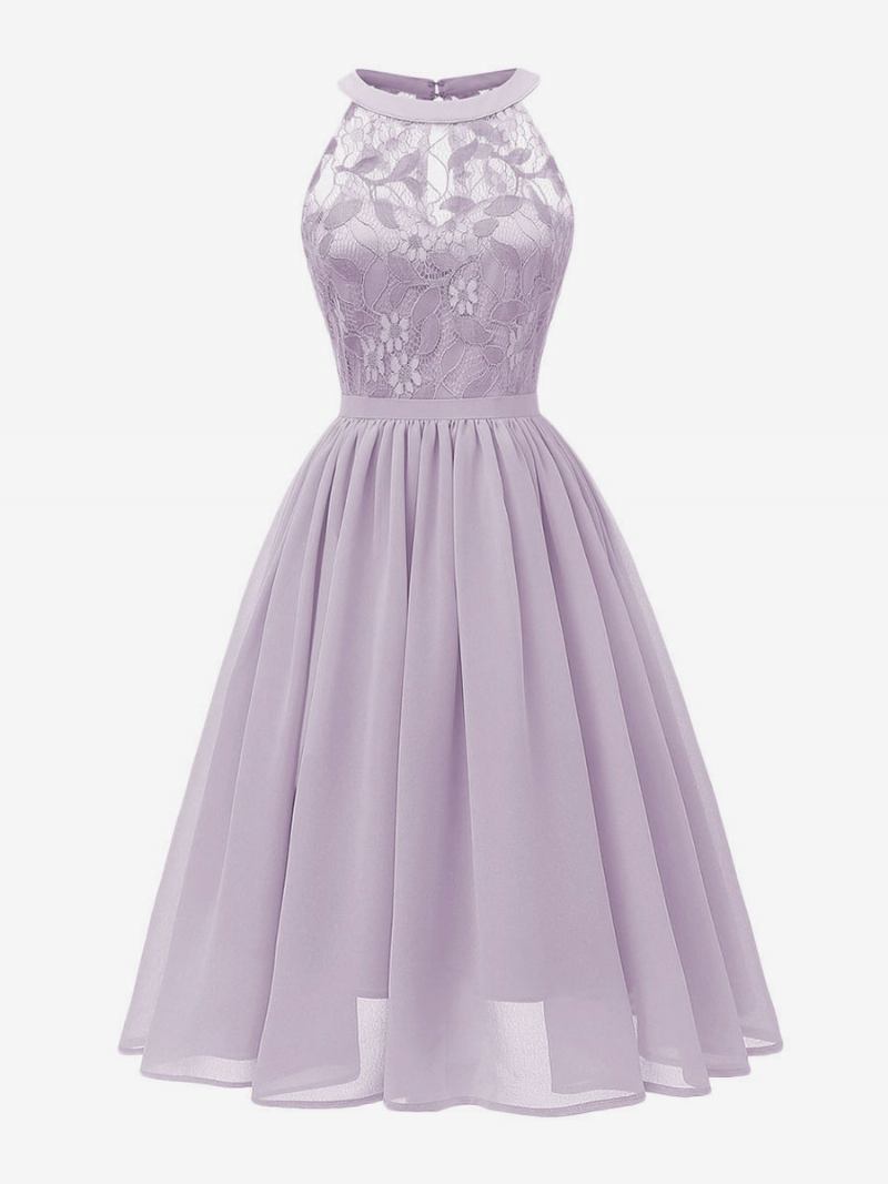 Vestido Retrô Feminino Estilo Audrey Hepburn Dos Anos 1950. Rosa Sem Mangas Gola Joia Renda Swing - Roxo