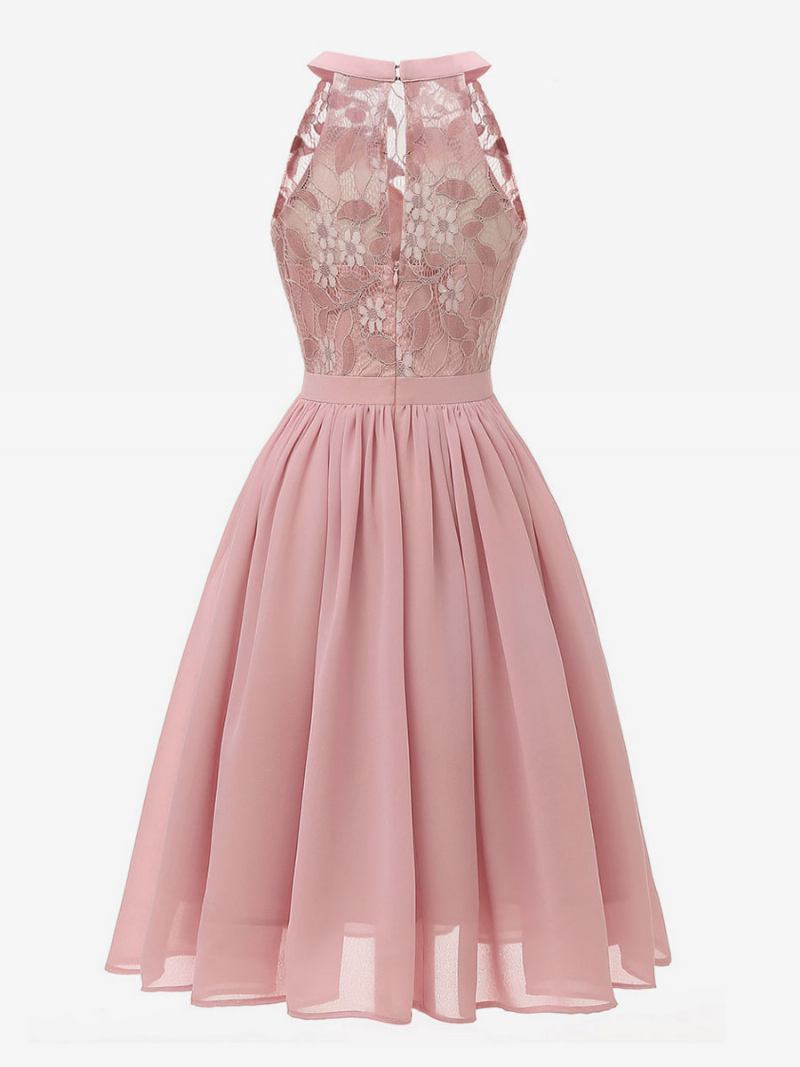 Vestido Retrô Feminino Estilo Audrey Hepburn Dos Anos 1950. Rosa Sem Mangas Gola Joia Renda Swing - Rosa