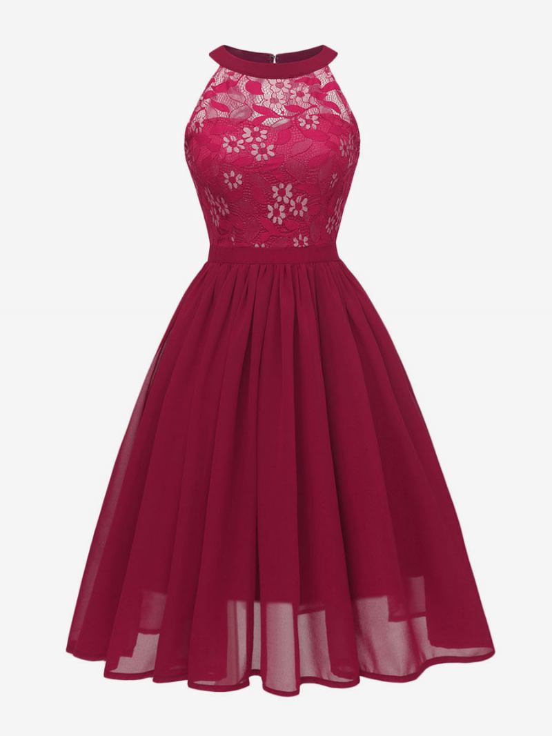 Vestido Retrô Feminino Estilo Audrey Hepburn Dos Anos 1950. Rosa Sem Mangas Gola Joia Renda Swing - Borgonha