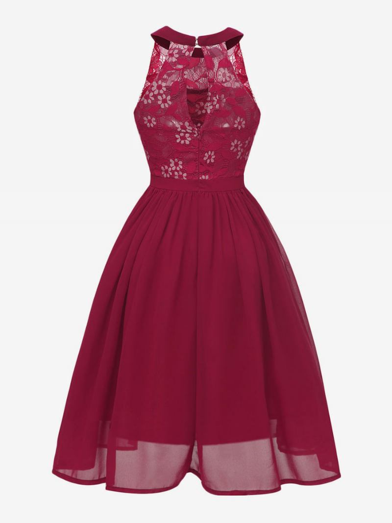 Vestido Retrô Feminino Estilo Audrey Hepburn Dos Anos 1950. Rosa Sem Mangas Gola Joia Renda Swing - Borgonha