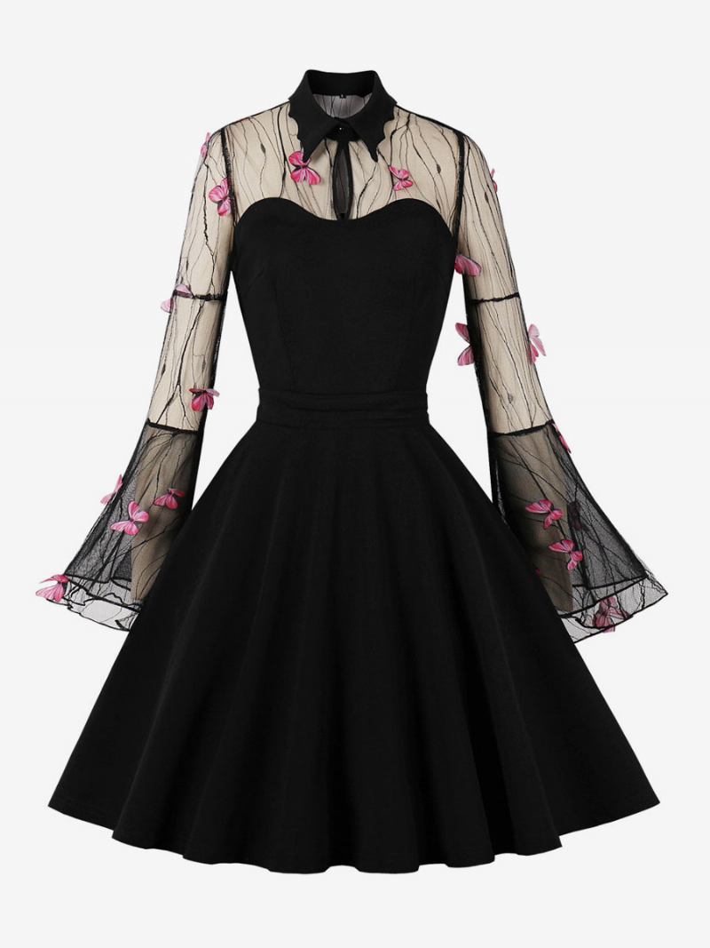 Vestido Vintage Anos 1950 Estilo Audrey Hepburn Manga Comprida Feminino Na Altura Do Joelho Rockabilly Em Dois Tons