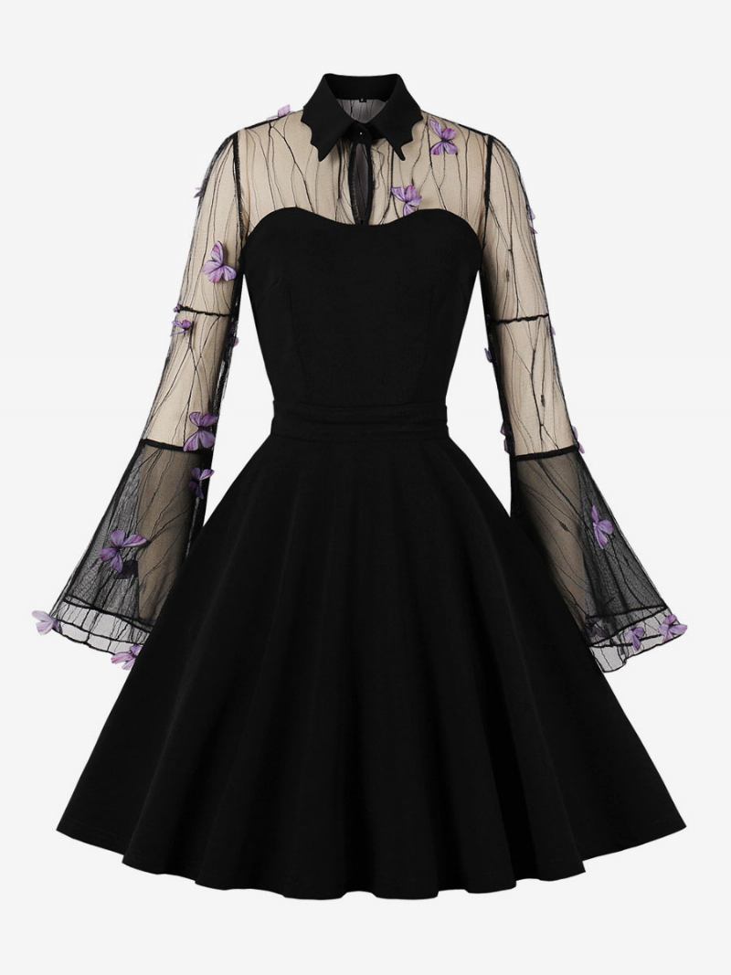 Vestido Vintage Anos 1950 Estilo Audrey Hepburn Manga Comprida Feminino Na Altura Do Joelho Rockabilly Em Dois Tons - Roxo