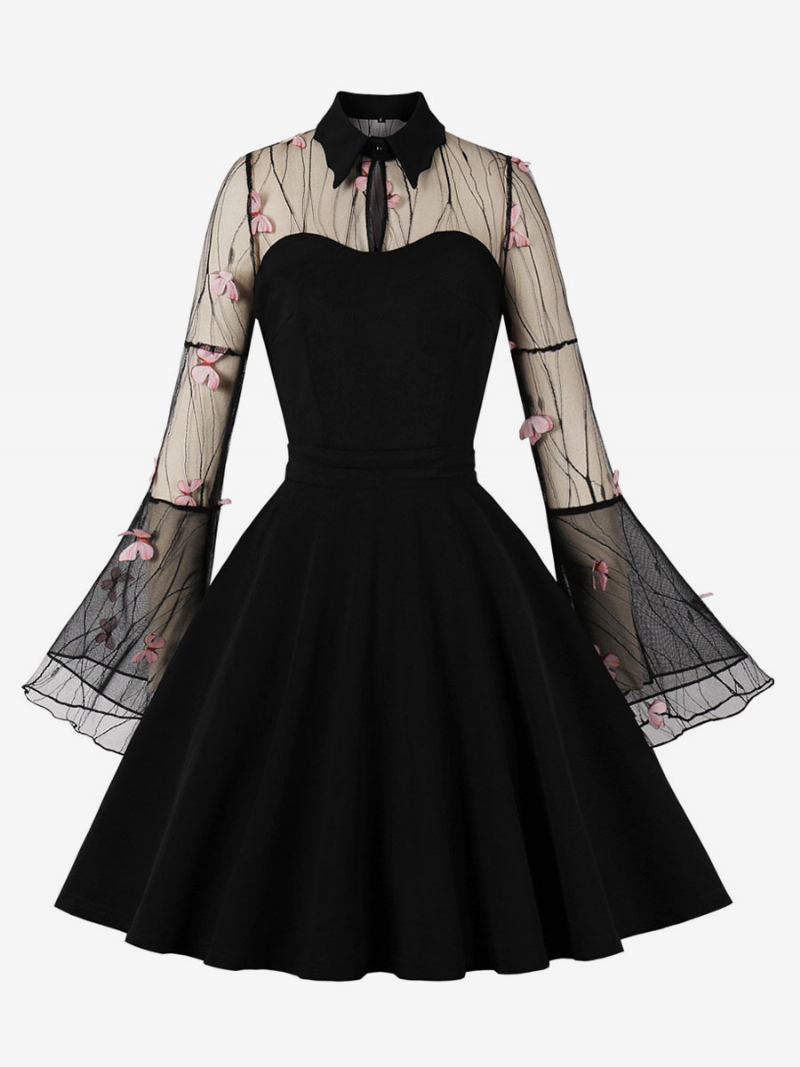 Vestido Vintage Anos 1950 Estilo Audrey Hepburn Manga Comprida Feminino Na Altura Do Joelho Rockabilly Em Dois Tons - Rosa