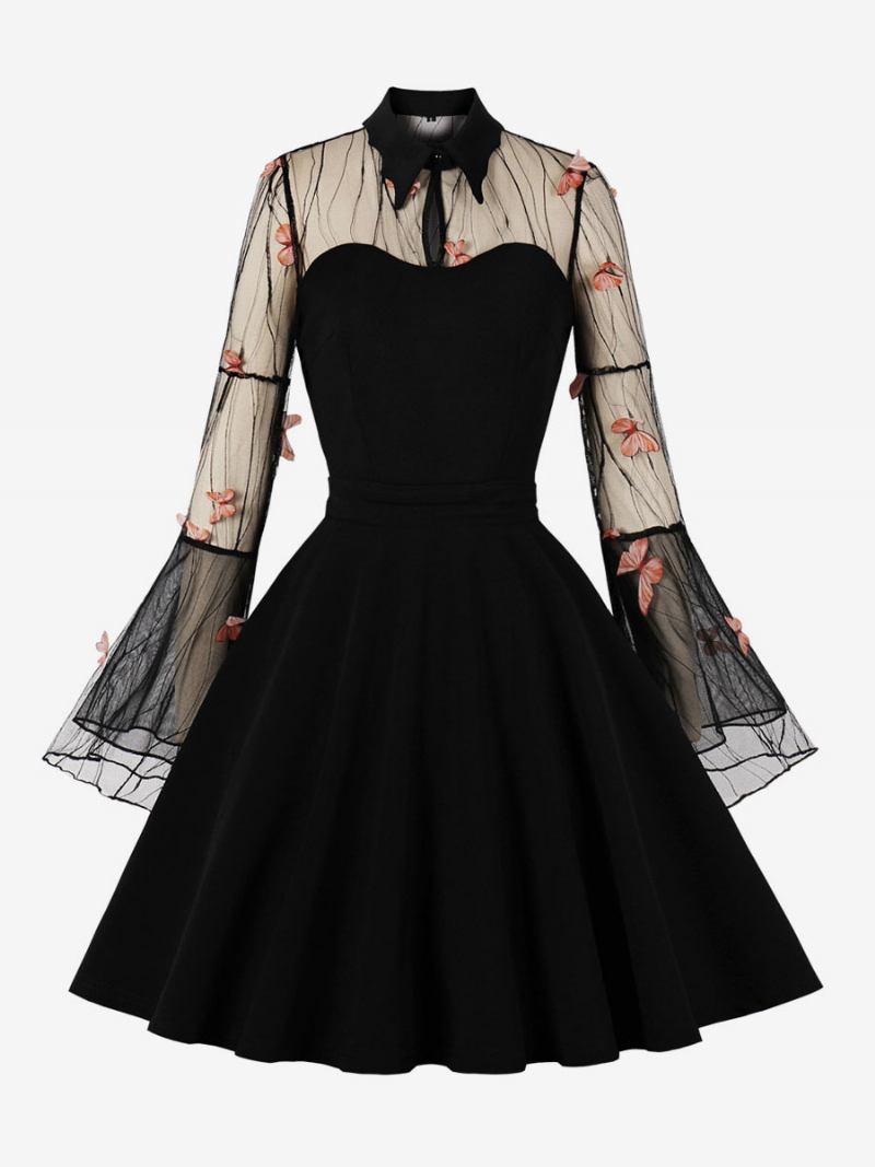 Vestido Vintage Anos 1950 Estilo Audrey Hepburn Manga Comprida Feminino Na Altura Do Joelho Rockabilly Em Dois Tons - Laranja