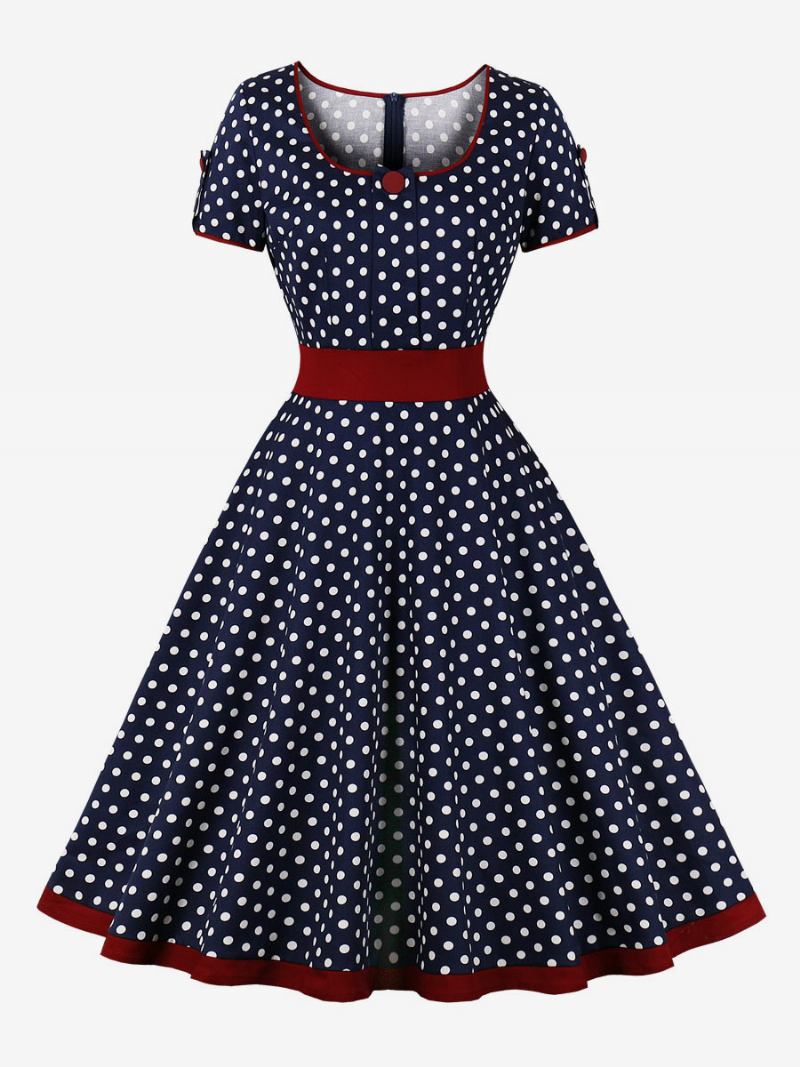 Vestido Vintage Anos 50 Audrey Hepburn Estilo Azul Marinho Escuro Com Bolinhas Rockabilly Feminino Mangas Curtas - Marinho Escuro