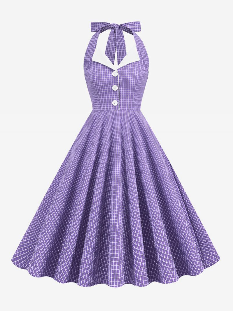 Vestido Vintage Anos 50 Audrey Hepburn Estilo Halter Botões Sem Mangas Feminino Médio Xadrez Rockabilly