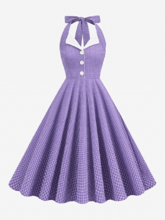 Vestido Vintage Anos 50 Audrey Hepburn Estilo Halter Botões Sem Mangas Feminino Médio Xadrez Rockabilly