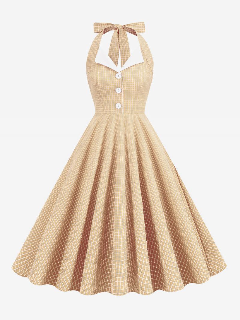 Vestido Vintage Anos 50 Audrey Hepburn Estilo Halter Botões Sem Mangas Feminino Médio Xadrez Rockabilly - Amarelo Claro