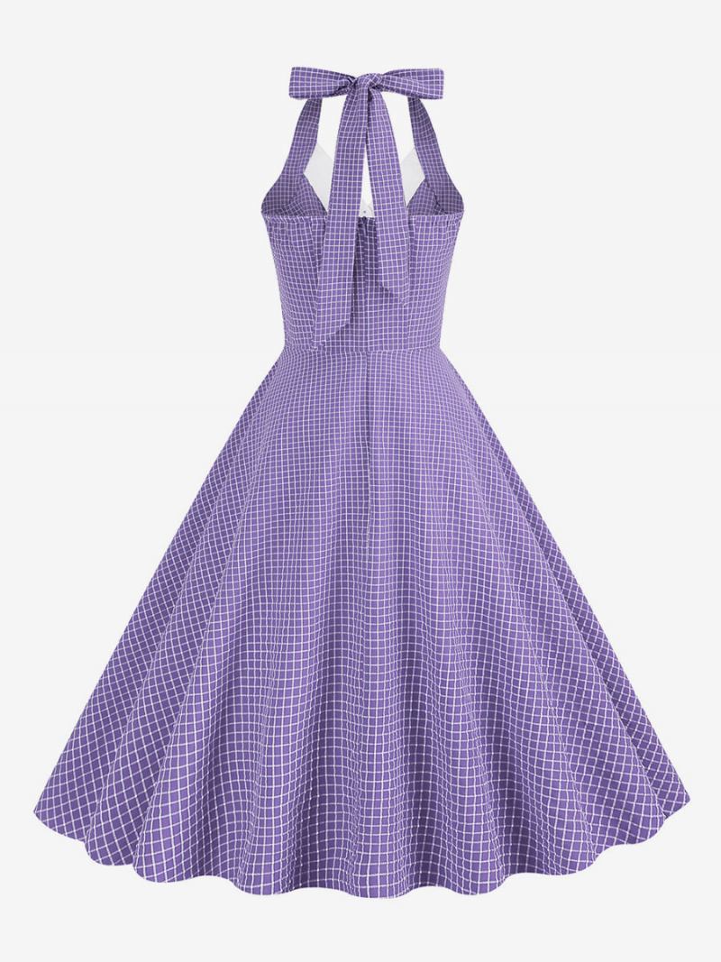 Vestido Vintage Anos 50 Audrey Hepburn Estilo Halter Botões Sem Mangas Feminino Médio Xadrez Rockabilly - Roxo