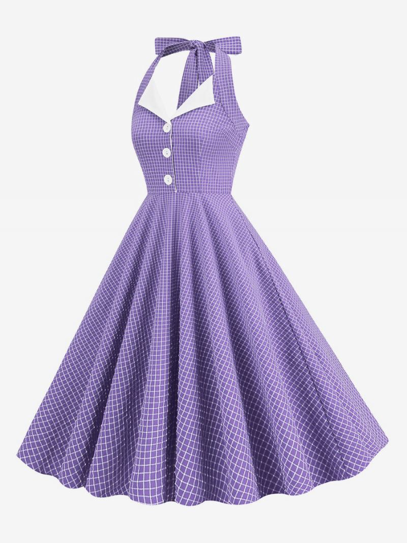 Vestido Vintage Anos 50 Audrey Hepburn Estilo Halter Botões Sem Mangas Feminino Médio Xadrez Rockabilly - Roxo