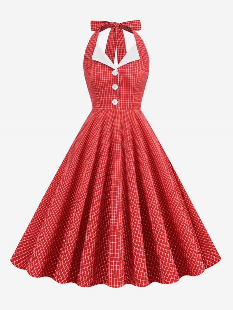 Vestido Vintage Anos 50 Audrey Hepburn Estilo Halter Botões Sem Mangas Feminino Médio Xadrez Rockabilly - Vermelho