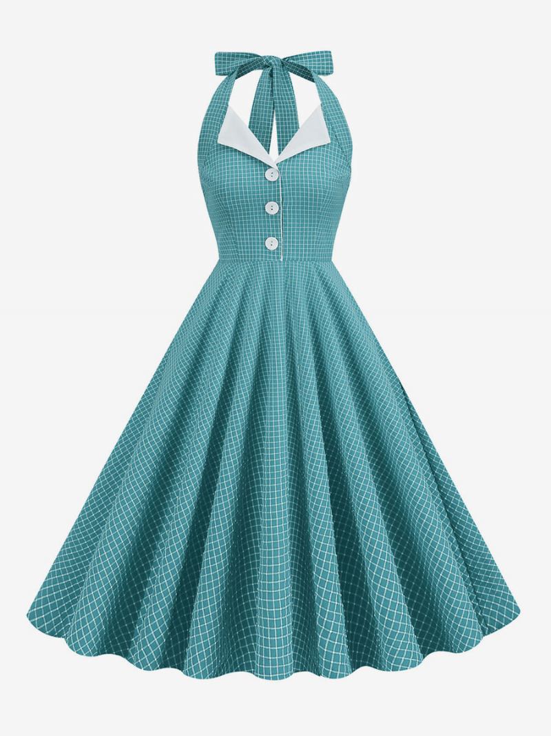 Vestido Vintage Anos 50 Audrey Hepburn Estilo Halter Botões Sem Mangas Feminino Médio Xadrez Rockabilly - Azul Ciano