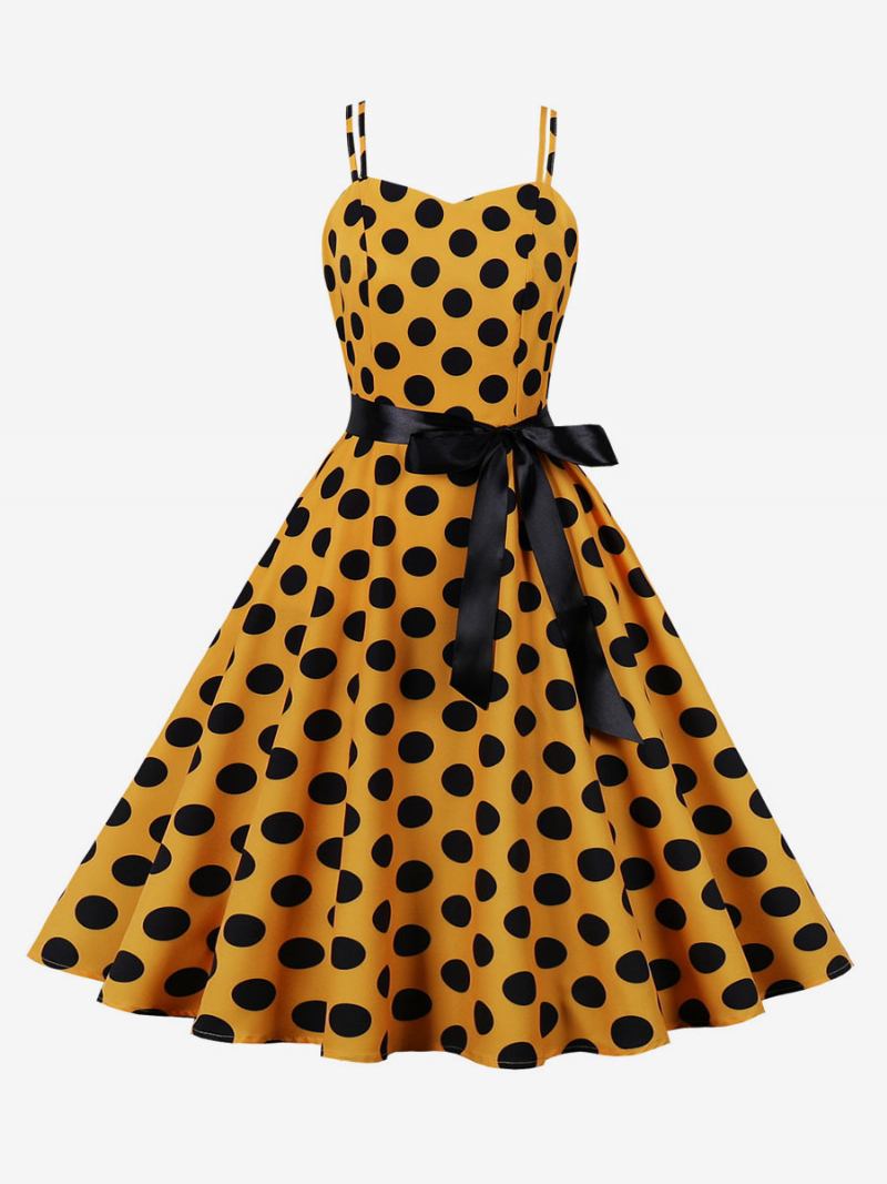 Vestido Vintage Anos 50 Audrey Hepburn Estilo Rosa Bolinhas Rockabilly Feminino Sem Mangas - Amarelo