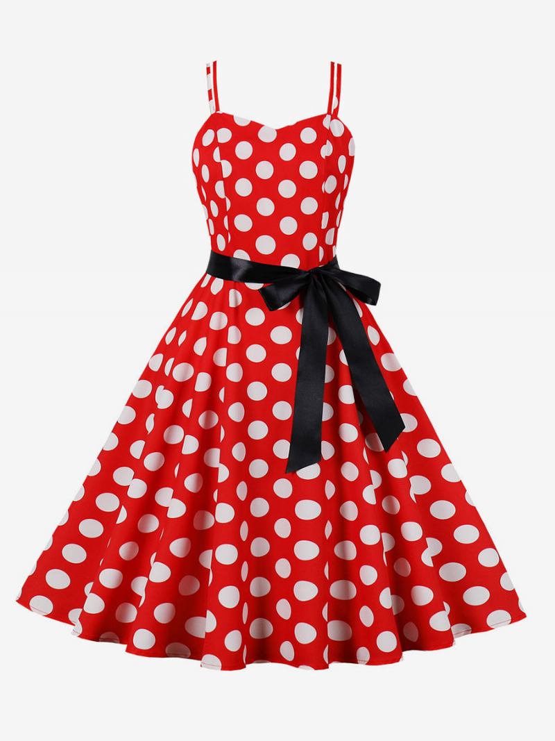 Vestido Vintage Anos 50 Audrey Hepburn Estilo Rosa Bolinhas Rockabilly Feminino Sem Mangas - Vermelho