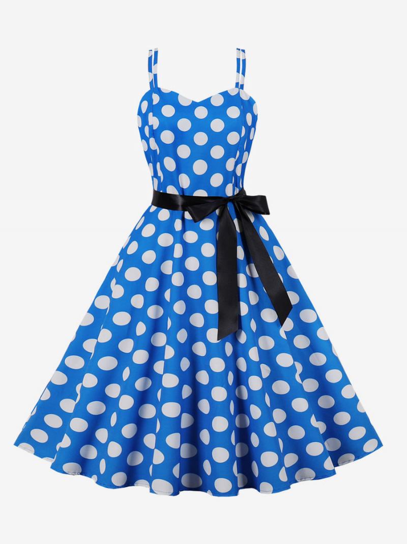 Vestido Vintage Anos 50 Audrey Hepburn Estilo Rosa Bolinhas Rockabilly Feminino Sem Mangas - Azul