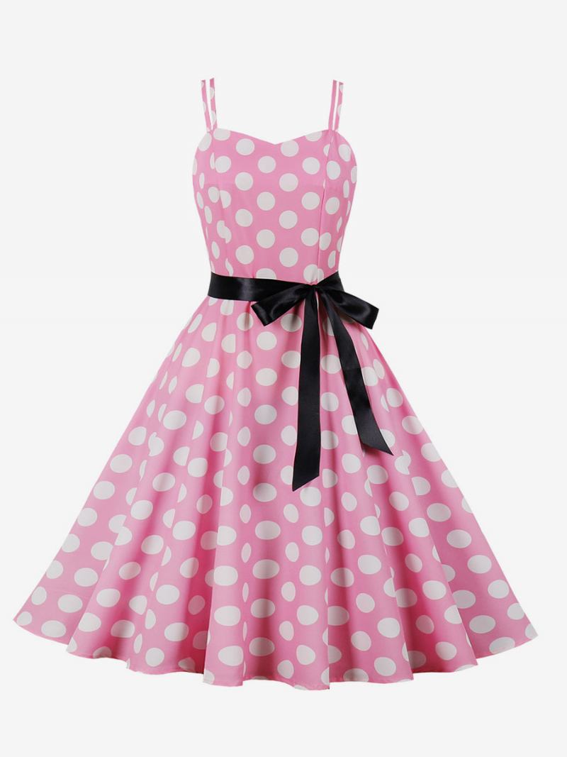 Vestido Vintage Anos 50 Audrey Hepburn Estilo Rosa Bolinhas Rockabilly Feminino Sem Mangas - Rosa