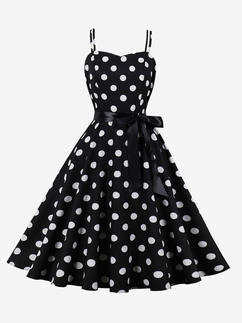 Vestido Vintage Anos 50 Audrey Hepburn Estilo Rosa Bolinhas Rockabilly Feminino Sem Mangas - Preto